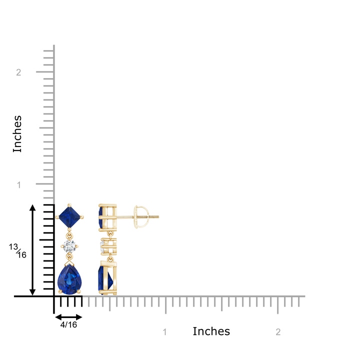 8x6mm AAA Square and Pear Blue Sapphire Drop Earrings with Diamond in Yellow Gold product image