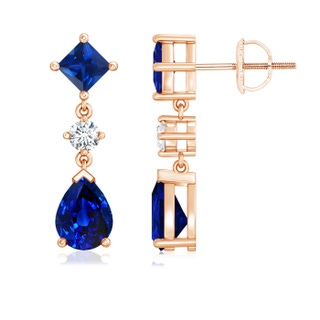 8x6mm AAAA Square and Pear Blue Sapphire Drop Earrings with Diamond in 9K Rose Gold