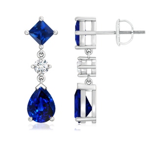 8x6mm AAAA Square and Pear Blue Sapphire Drop Earrings with Diamond in P950 Platinum