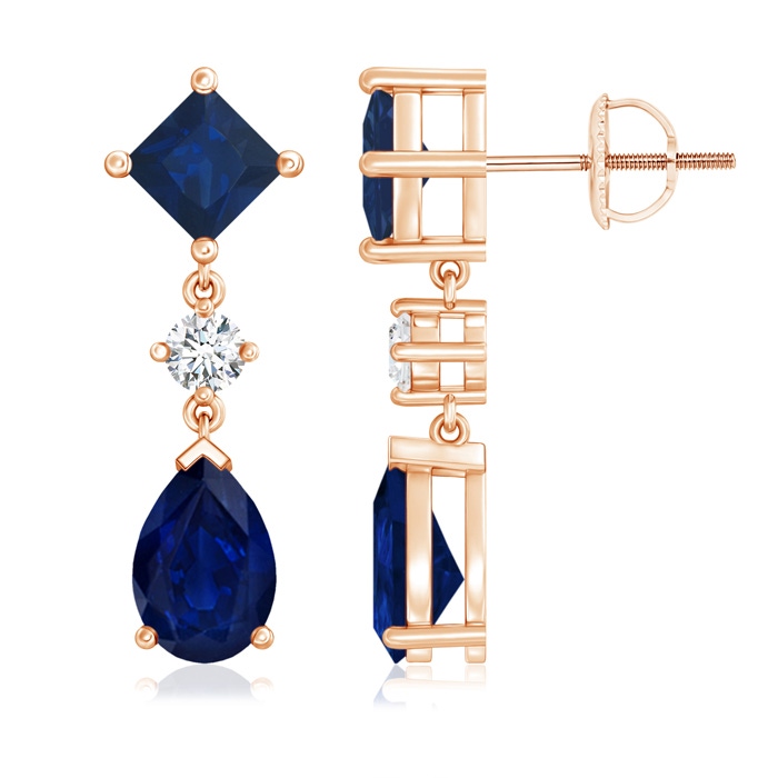 9x6mm AA Square and Pear Blue Sapphire Drop Earrings with Diamond in Rose Gold 