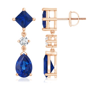 9x6mm AAA Square and Pear Blue Sapphire Drop Earrings with Diamond in Rose Gold