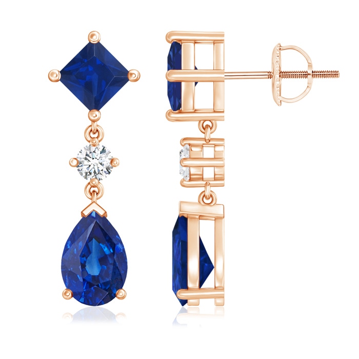 9x6mm AAA Square and Pear Blue Sapphire Drop Earrings with Diamond in Rose Gold 
