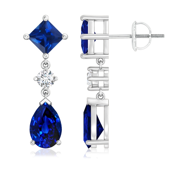 9x6mm AAAA Square and Pear Blue Sapphire Drop Earrings with Diamond in White Gold 