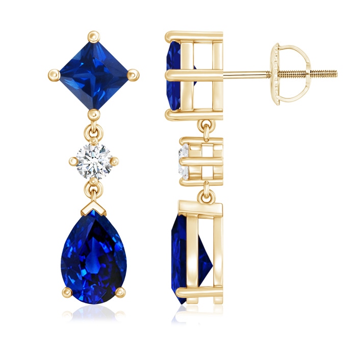 9x6mm AAAA Square and Pear Blue Sapphire Drop Earrings with Diamond in Yellow Gold 