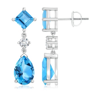 10x7mm AAA Square and Pear Swiss Blue Topaz Drop Earrings with Diamond in White Gold