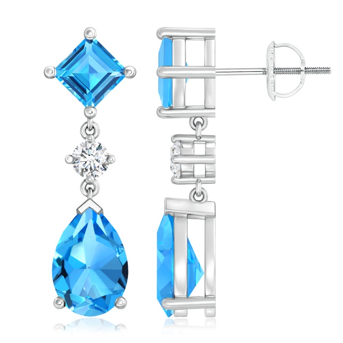 10x7mm AAAA Square and Pear Swiss Blue Topaz Drop Earrings with Diamond in P950 Platinum