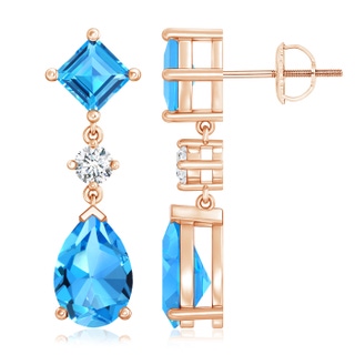 10x7mm AAAA Square and Pear Swiss Blue Topaz Drop Earrings with Diamond in Rose Gold