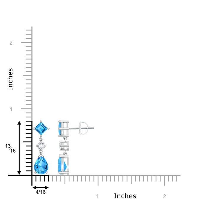 8x6mm AAAA Square and Pear Swiss Blue Topaz Drop Earrings with Diamond in White Gold product image