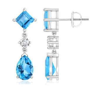 9x6mm AAA Square and Pear Swiss Blue Topaz Drop Earrings with Diamond in White Gold