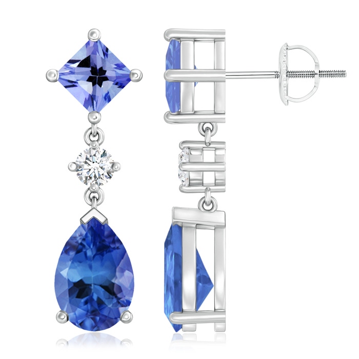 10x7mm AA Square and Pear Tanzanite Drop Earrings with Diamond in P950 Platinum 