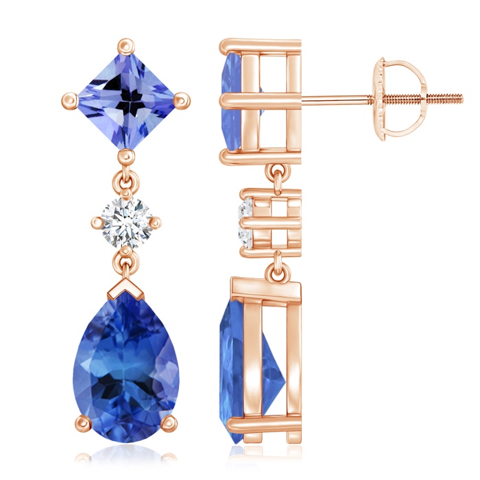 10x7mm AA Square and Pear Tanzanite Drop Earrings with Diamond in Rose Gold 
