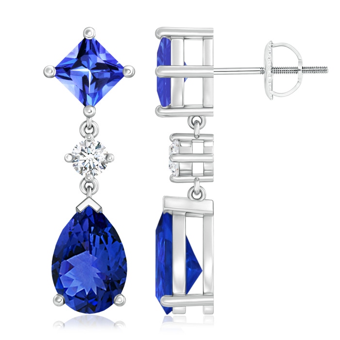 10x7mm AAA Square and Pear Tanzanite Drop Earrings with Diamond in P950 Platinum 