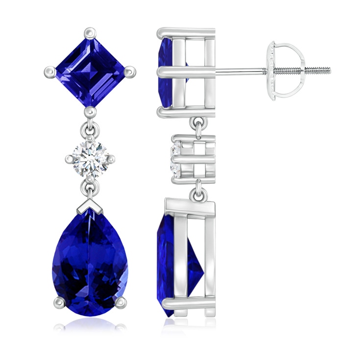 10x7mm AAAA Square and Pear Tanzanite Drop Earrings with Diamond in P950 Platinum