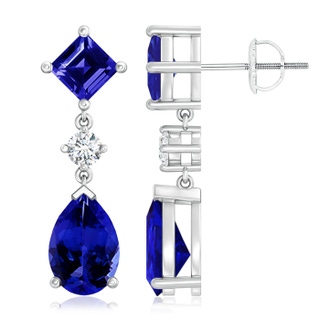 10x7mm AAAA Square and Pear Tanzanite Drop Earrings with Diamond in P950 Platinum