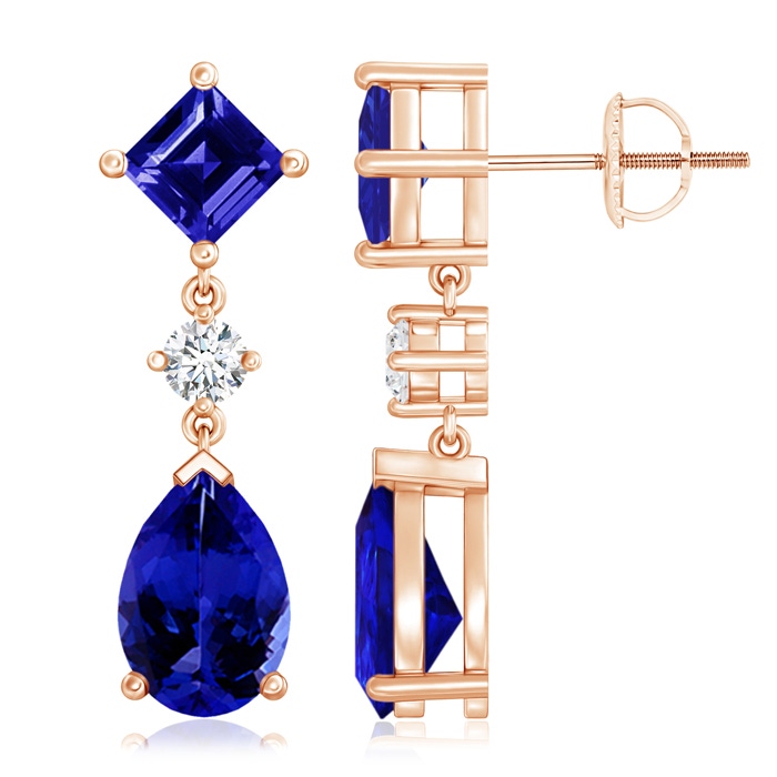 10x7mm AAAA Square and Pear Tanzanite Drop Earrings with Diamond in Rose Gold