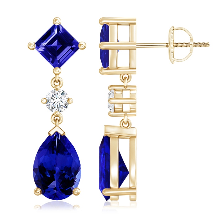 10x7mm AAAA Square and Pear Tanzanite Drop Earrings with Diamond in Yellow Gold