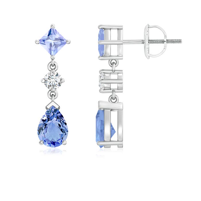 7x5mm A Square and Pear Tanzanite Drop Earrings with Diamond in P950 Platinum