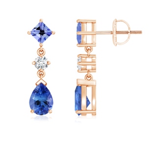 7x5mm AA Square and Pear Tanzanite Drop Earrings with Diamond in 10K Rose Gold