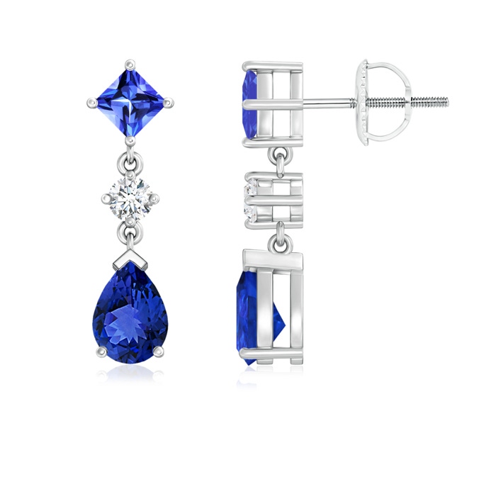7x5mm AAA Square and Pear Tanzanite Drop Earrings with Diamond in White Gold
