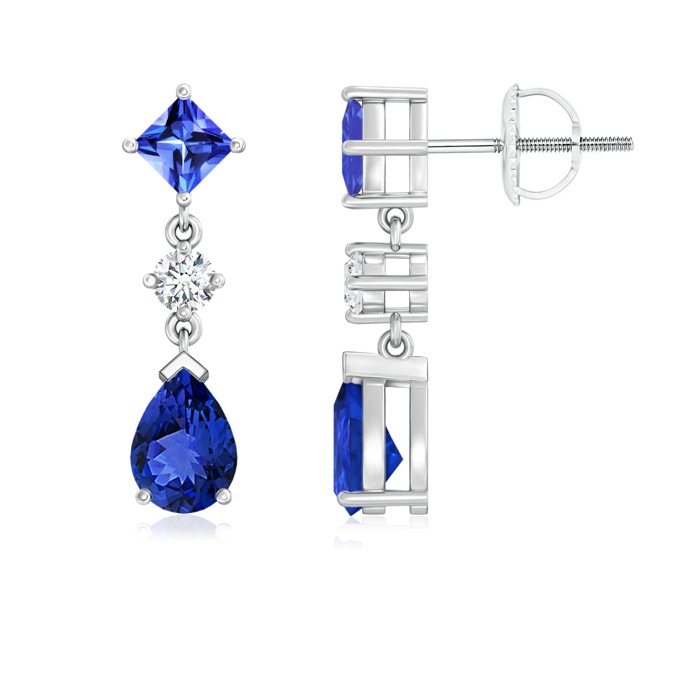 7x5mm AAA Square and Pear Tanzanite Drop Earrings with Diamond in White Gold 