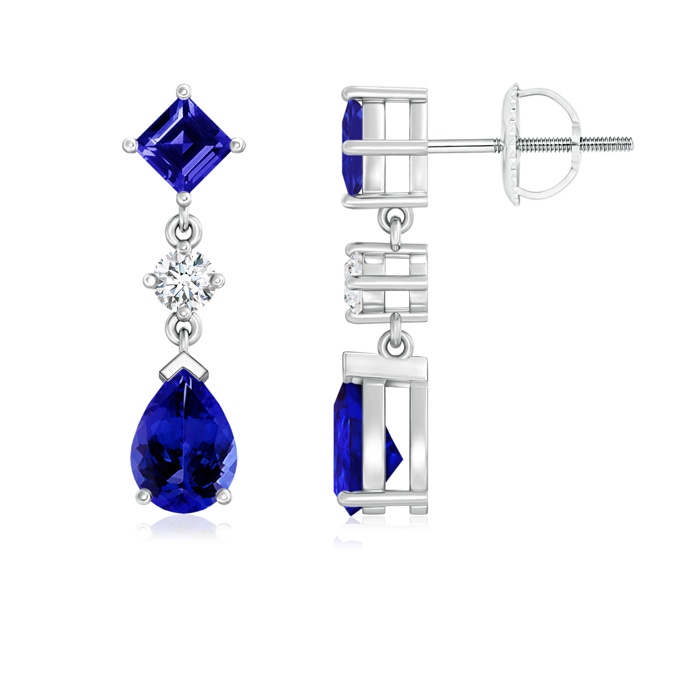 7x5mm AAAA Square and Pear Tanzanite Drop Earrings with Diamond in White Gold 
