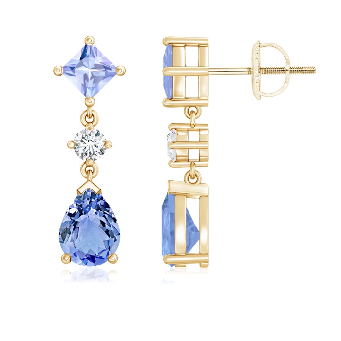 8x6mm A Square and Pear Tanzanite Drop Earrings with Diamond in Yellow Gold 