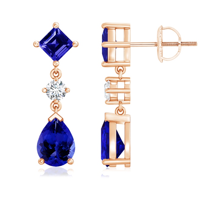 8x6mm AAAA Square and Pear Tanzanite Drop Earrings with Diamond in Rose Gold 