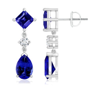 9x6mm AAAA Square and Pear Tanzanite Drop Earrings with Diamond in P950 Platinum