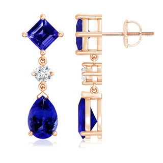 9x6mm AAAA Square and Pear Tanzanite Drop Earrings with Diamond in Rose Gold