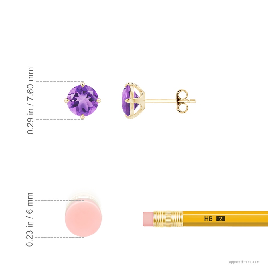 6mm A Claw-Set Round Amethyst Solitaire Stud Earrings in Yellow Gold ruler