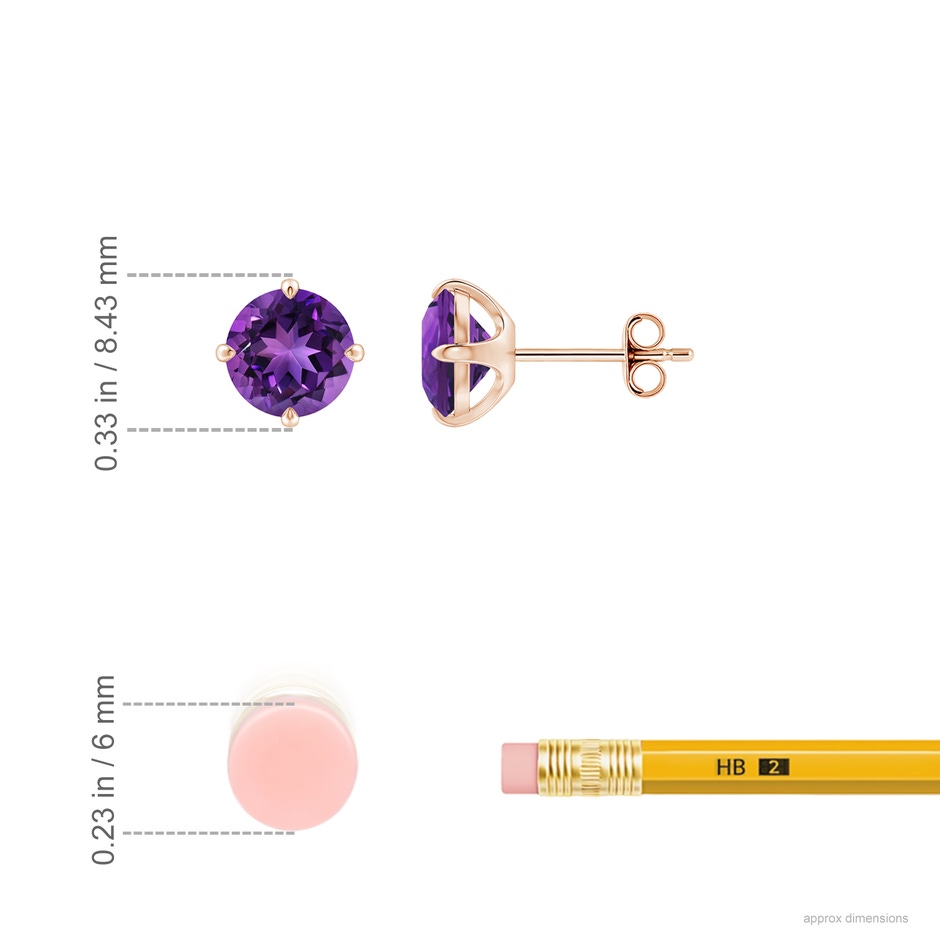 7mm AAAA Claw-Set Round Amethyst Solitaire Stud Earrings in Rose Gold ruler