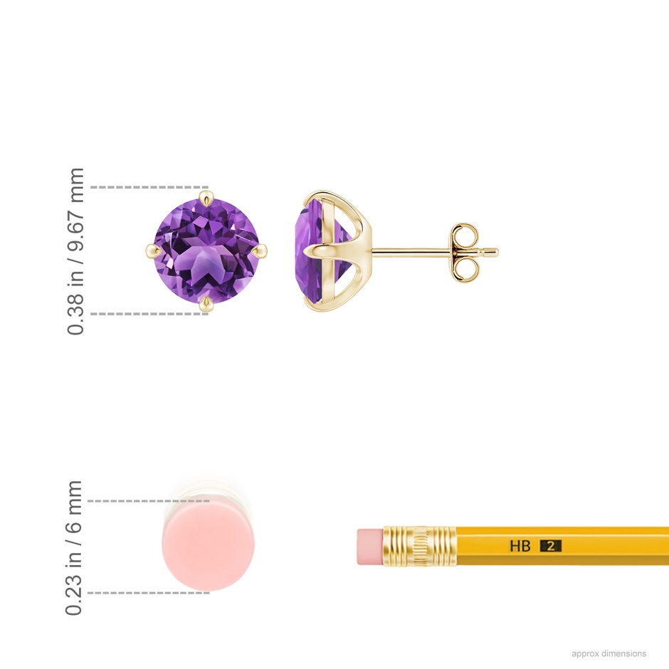 8mm AA Claw-Set Round Amethyst Solitaire Stud Earrings in Yellow Gold ruler