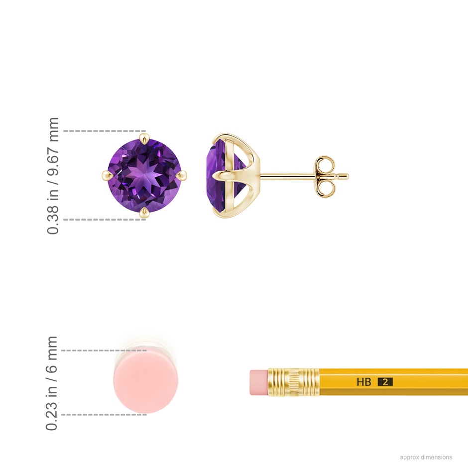 8mm AAAA Claw-Set Round Amethyst Solitaire Stud Earrings in Yellow Gold ruler