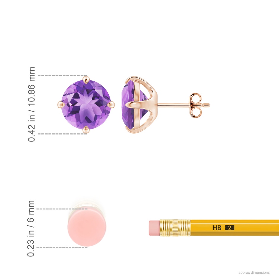 9mm A Claw-Set Round Amethyst Solitaire Stud Earrings in Rose Gold ruler