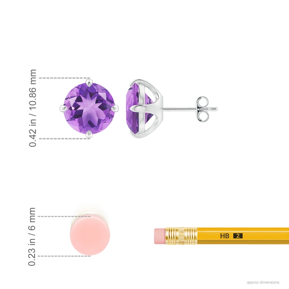 9mm A Claw-Set Round Amethyst Solitaire Stud Earrings in S999 Silver ruler