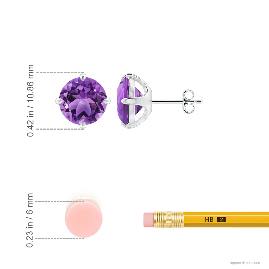 9mm AA Claw-Set Round Amethyst Solitaire Stud Earrings in S999 Silver ruler