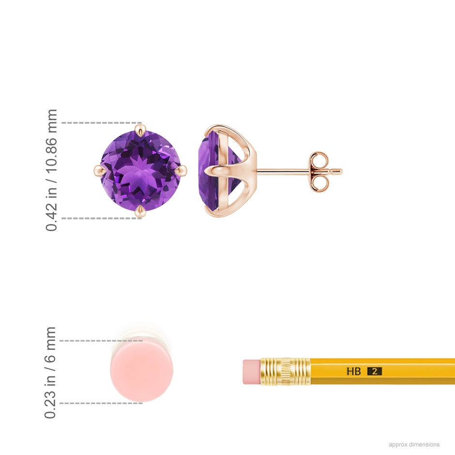 9mm AAA Claw-Set Round Amethyst Solitaire Stud Earrings in Rose Gold ruler