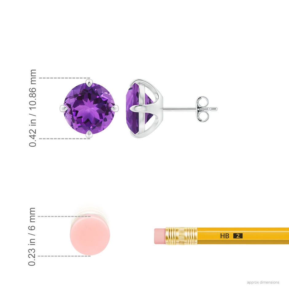 9mm AAA Claw-Set Round Amethyst Solitaire Stud Earrings in White Gold ruler