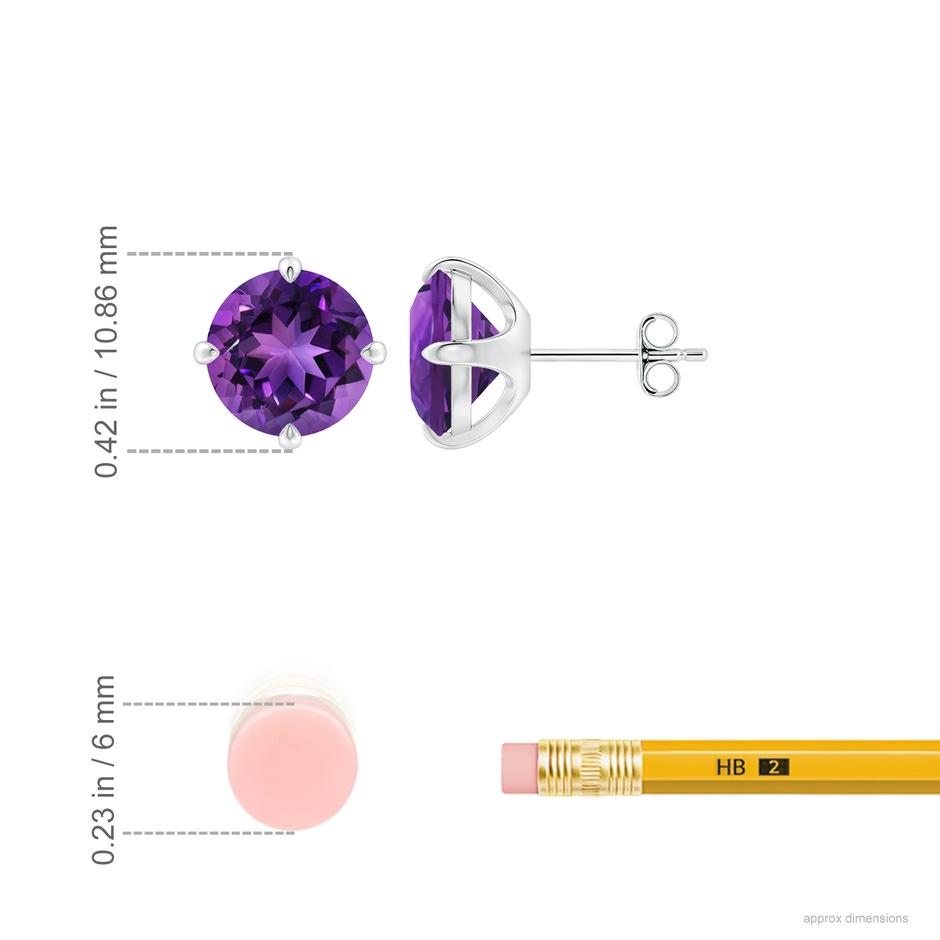 9mm AAAA Claw-Set Round Amethyst Solitaire Stud Earrings in P950 Platinum ruler