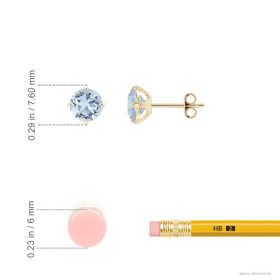 6mm A Claw-Set Round Aquamarine Solitaire Stud Earrings in Yellow Gold ruler
