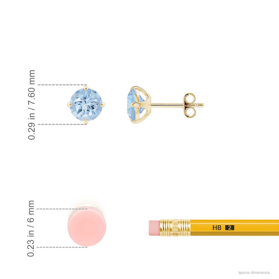 6mm AA Claw-Set Round Aquamarine Solitaire Stud Earrings in Yellow Gold ruler