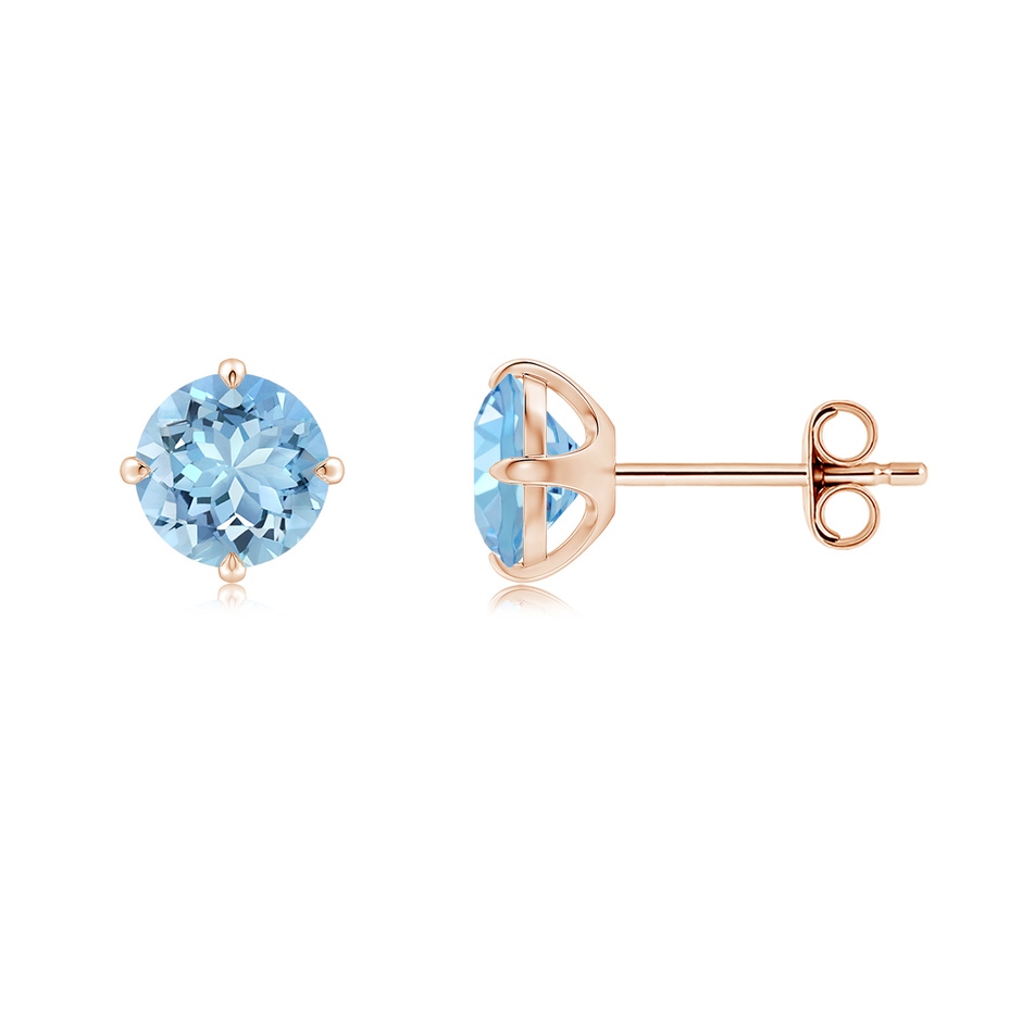 6mm AAAA Claw-Set Round Aquamarine Solitaire Stud Earrings in 18K Rose Gold side 199