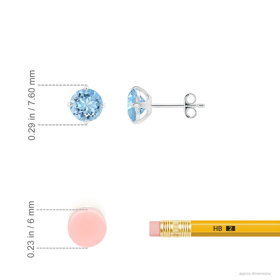 6mm AAAA Claw-Set Round Aquamarine Solitaire Stud Earrings in 18K White Gold ruler