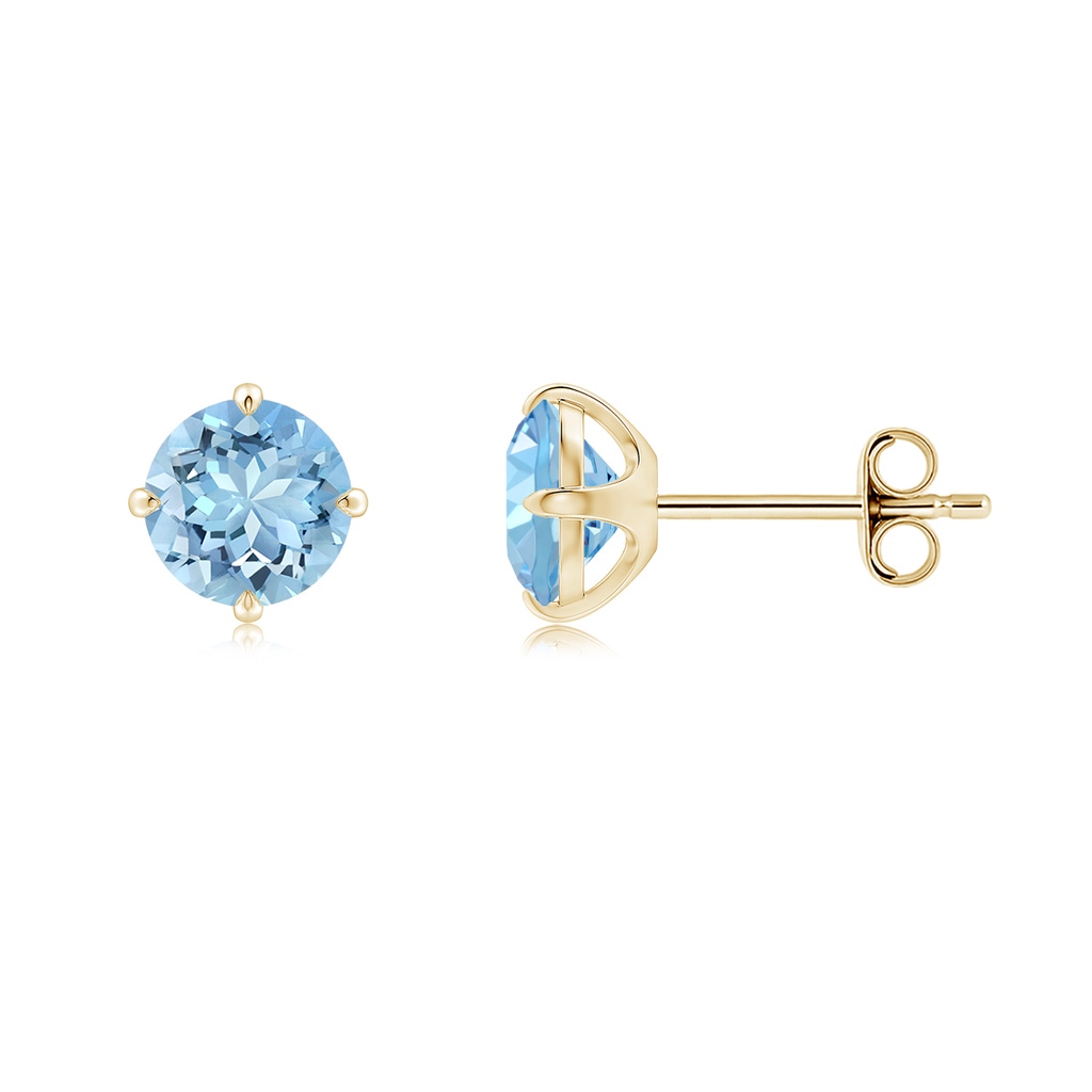 6mm AAAA Claw-Set Round Aquamarine Solitaire Stud Earrings in 18K Yellow Gold - side 199
