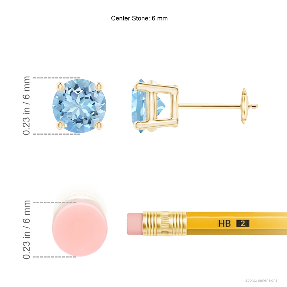 6mm AAAA Basket-Set Round Aquamarine Stud Earrings in Yellow Gold ruler