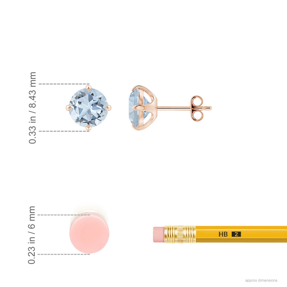 7mm A Claw-Set Round Aquamarine Solitaire Stud Earrings in Rose Gold ruler