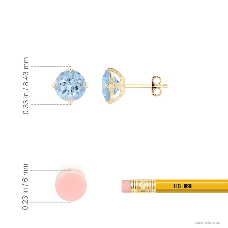 7mm AA Claw-Set Round Aquamarine Solitaire Stud Earrings in Yellow Gold ruler