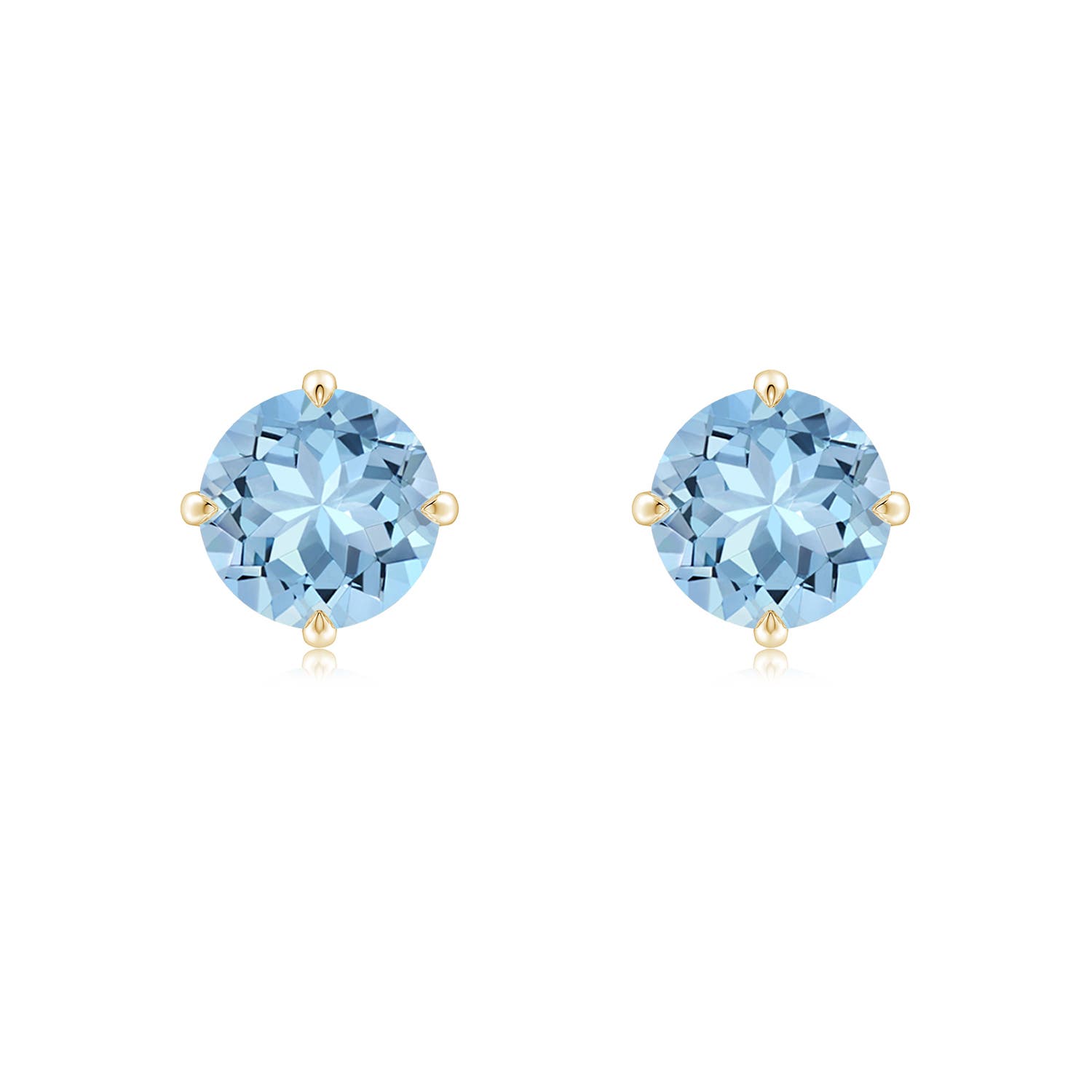 7mm AAA Claw-Set Round Aquamarine Solitaire Stud Earrings in 18K Yellow Gold