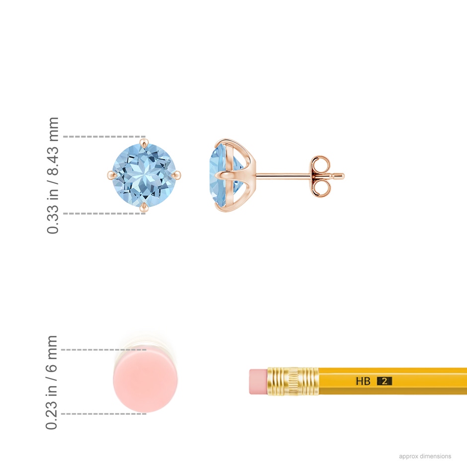 7mm AAA Claw-Set Round Aquamarine Solitaire Stud Earrings in Rose Gold ruler
