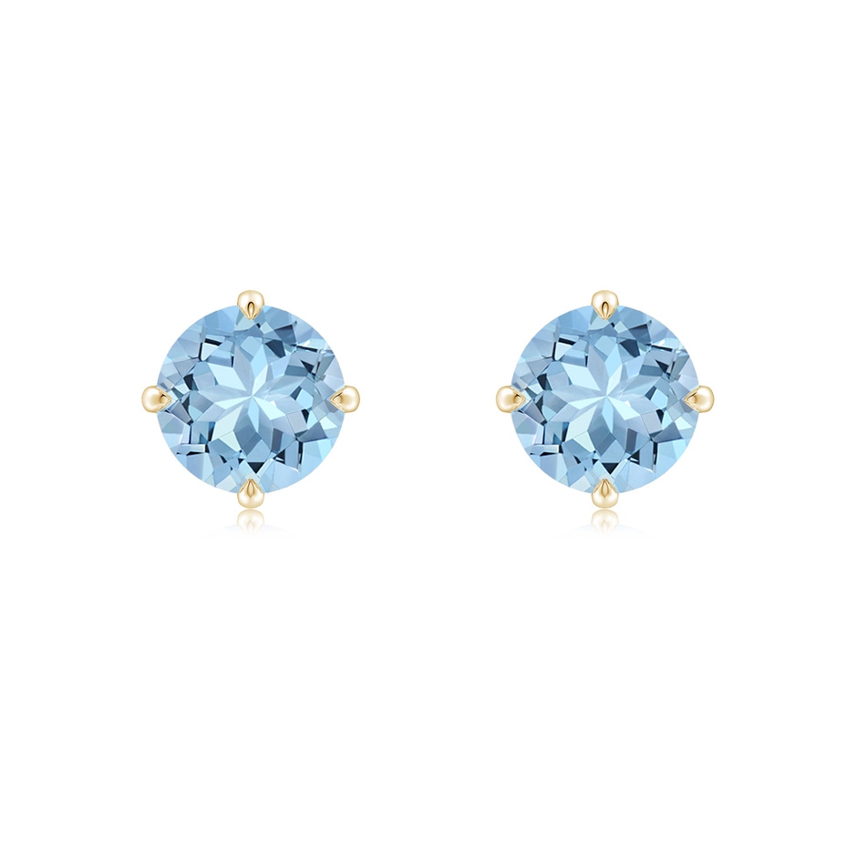 7mm AAA Claw-Set Round Aquamarine Solitaire Stud Earrings in Yellow Gold 